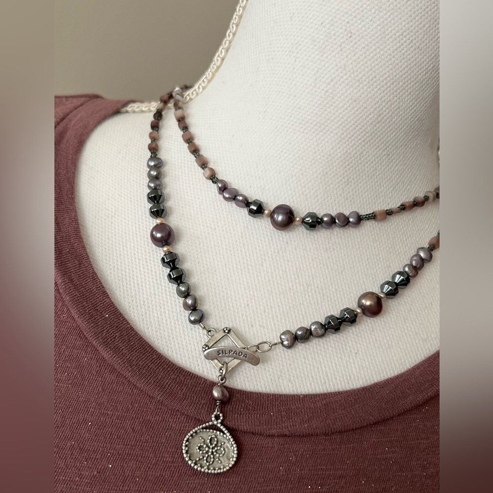 Silpada Sterling Silver Hematite Glass Pearls Shell Necklace Retired N1784